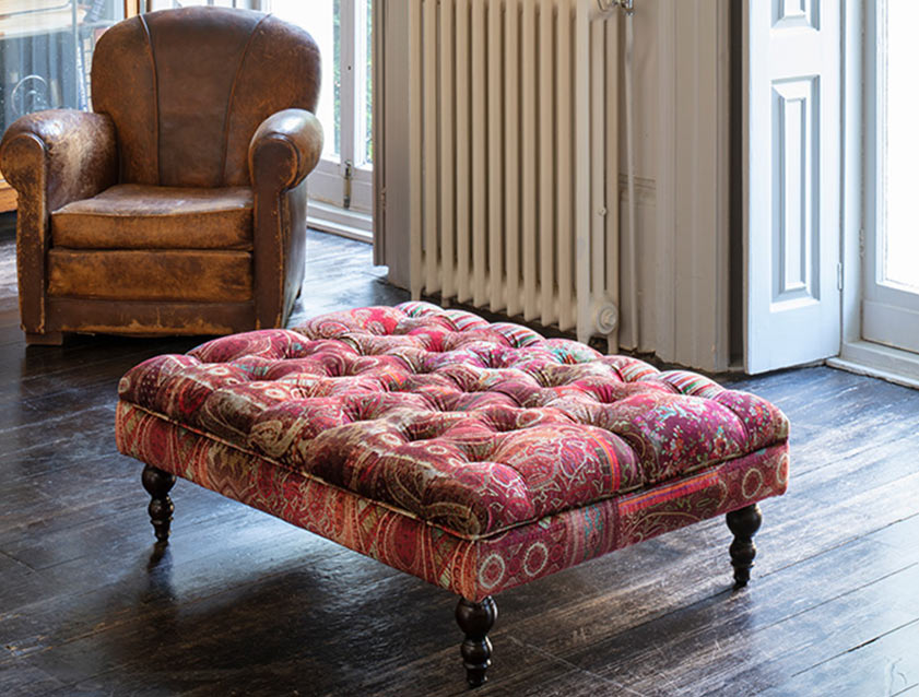 Bedham Footstool in Mulberry Lomond Velvet Red Plum